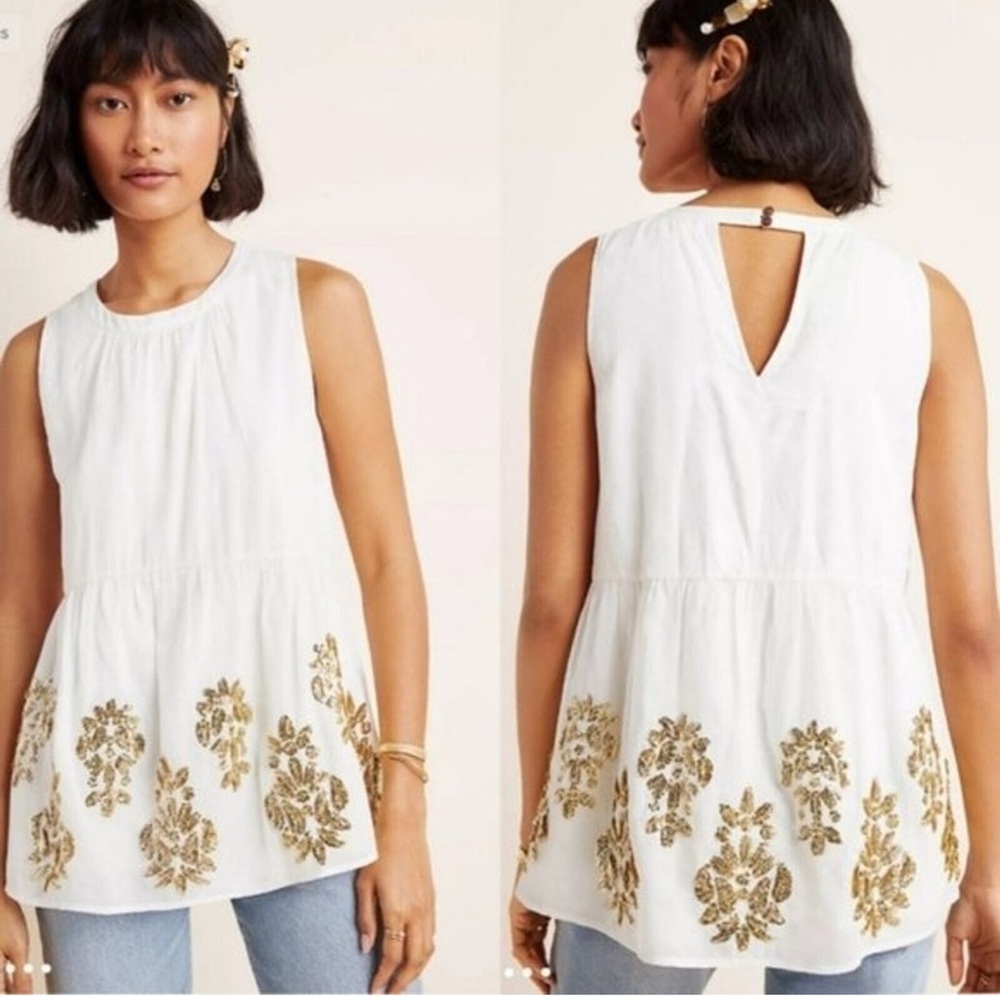 Maeve Anthropologie Top Small White Gold Sequin Embellished Sleeveless‎ Tunic